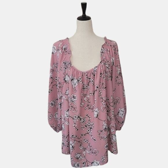 Adrienne Vittadini Rose Floral 3/4 Puffy Sleeve Ruffle Shoulder Chiffon Blouse - Picture 1 of 8